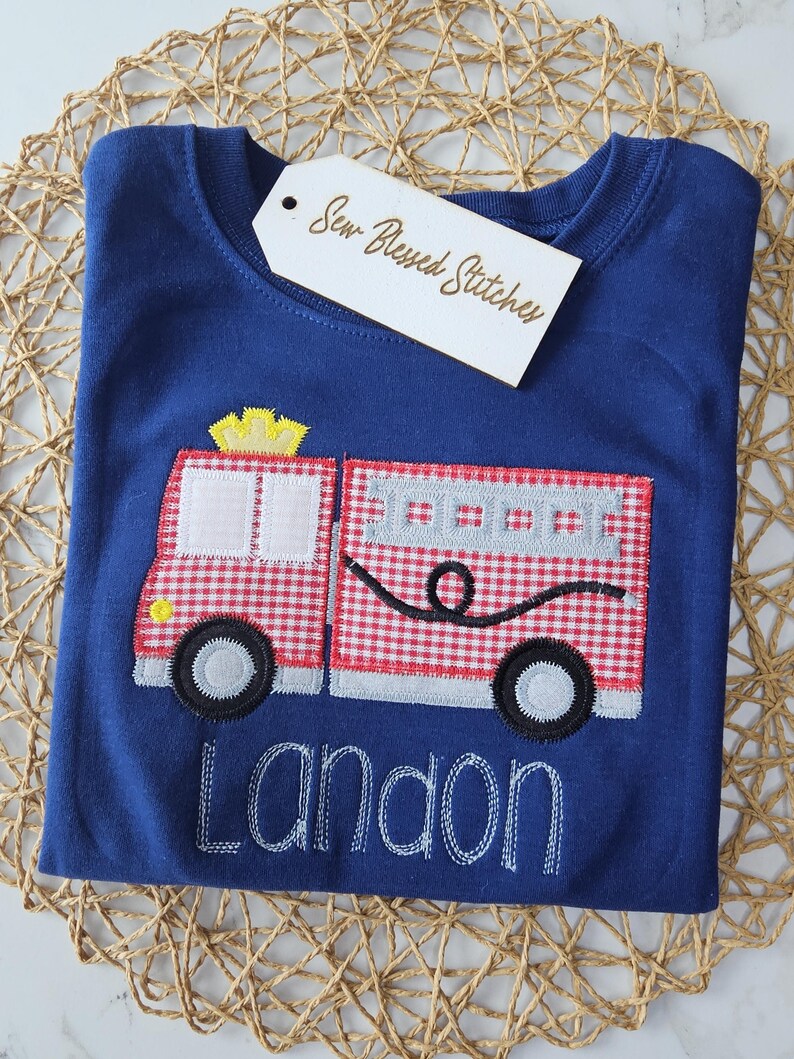 Personalized Firetruck Applique Shirt - Navy Blue Boy's Tee image 2