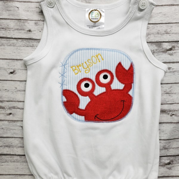 Personalized applique romper,  crab applique bubble romper with name,  boy summer outfit