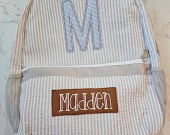 Monogram Seersucker Backpack: Custom Applique Diaper Bag