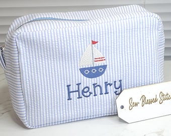 Personalized Seersucker Toiletry Bag: Monogrammed Cosmetic Bag, Boy Gift