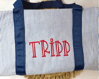 Personalized Seersucker Duffel Bag: Monogrammed Boy's Gift