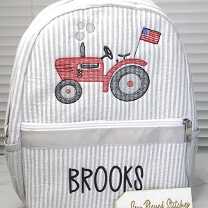 Personalized Seersucker Tractor Backpack: Boy&#39;s Diaper Bag