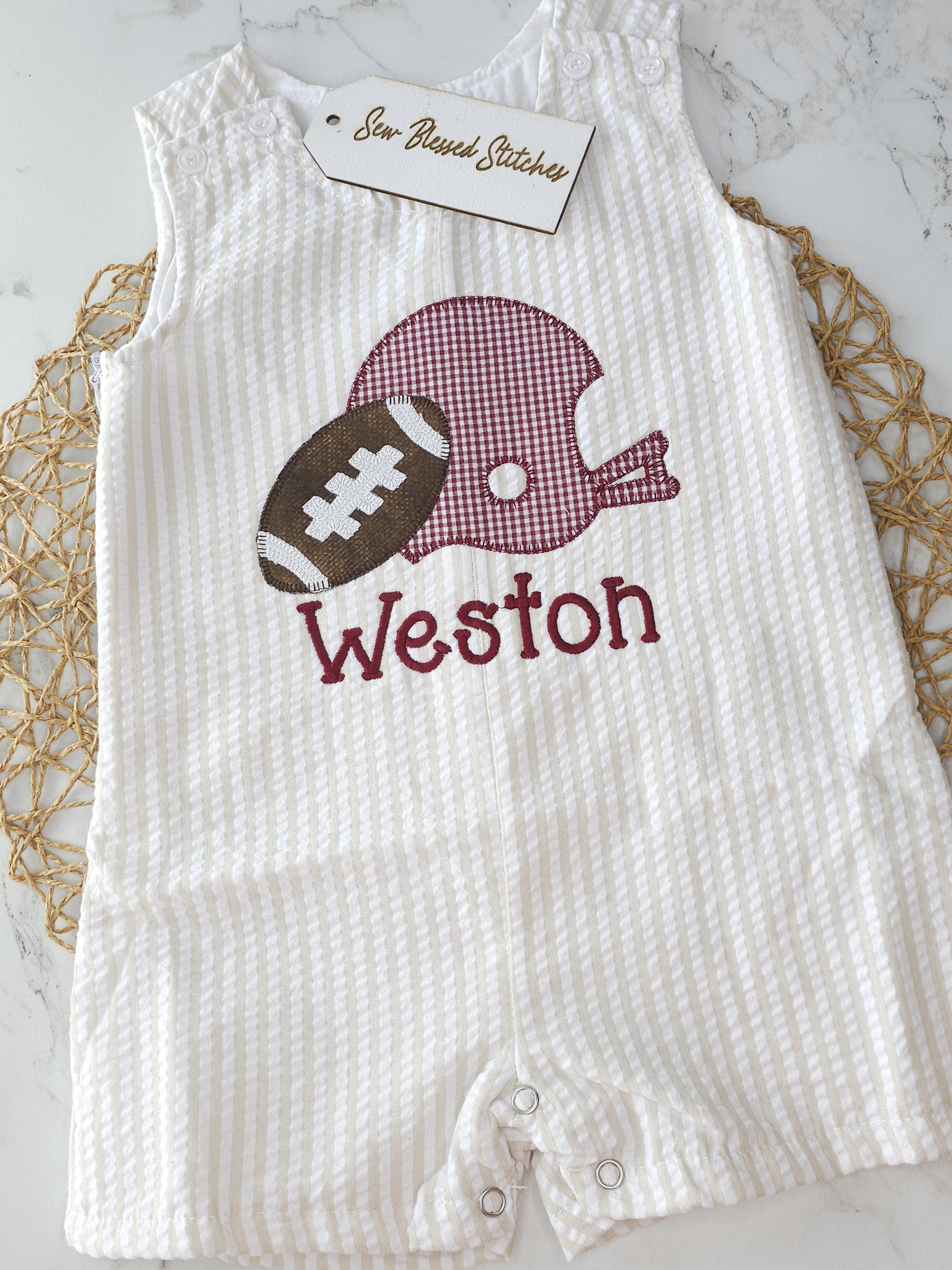 Football and helment personalized applique seersucker romper Jon Jon