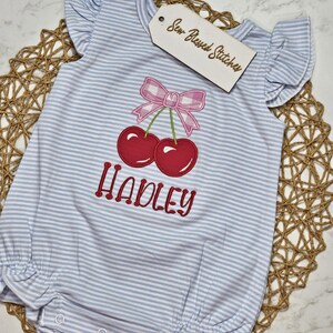 Personalized girl bubble, cherry applique summer outfit