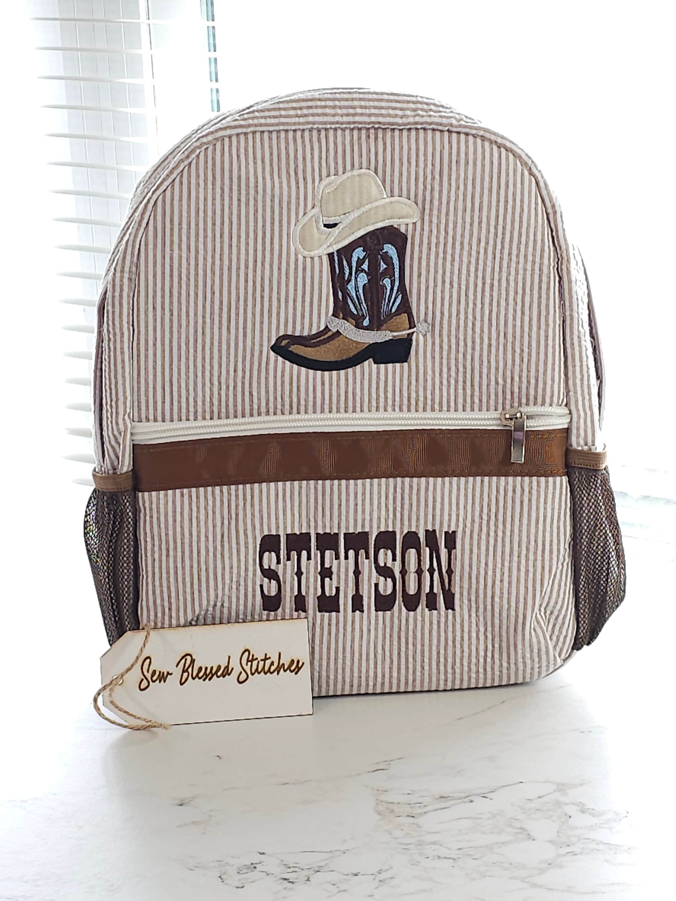 Monogram seersucker backpack, brown cowboy seersucker backpack, boy birthday gift, diaper bag, baby shower gift