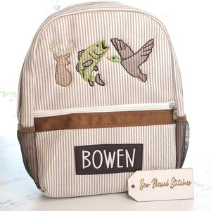 Personalized seersucker backpack, hunting embroidery backpack, boy birthday gift, boy diaper bag, baby shower gift