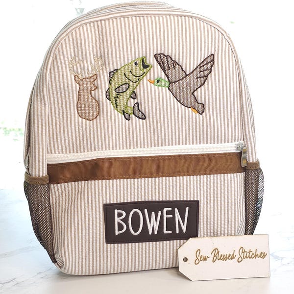 Personalisierter Seersucker Rucksack: Jagd-Stickerei, Jungen-Windeltasche