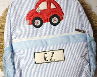 Boy seersucker backpack, applique car backpack, boy diaper bag, boy birthday gift