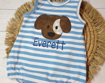 Personalized boy romper, applique boy bubble romper with name, dog applique romper