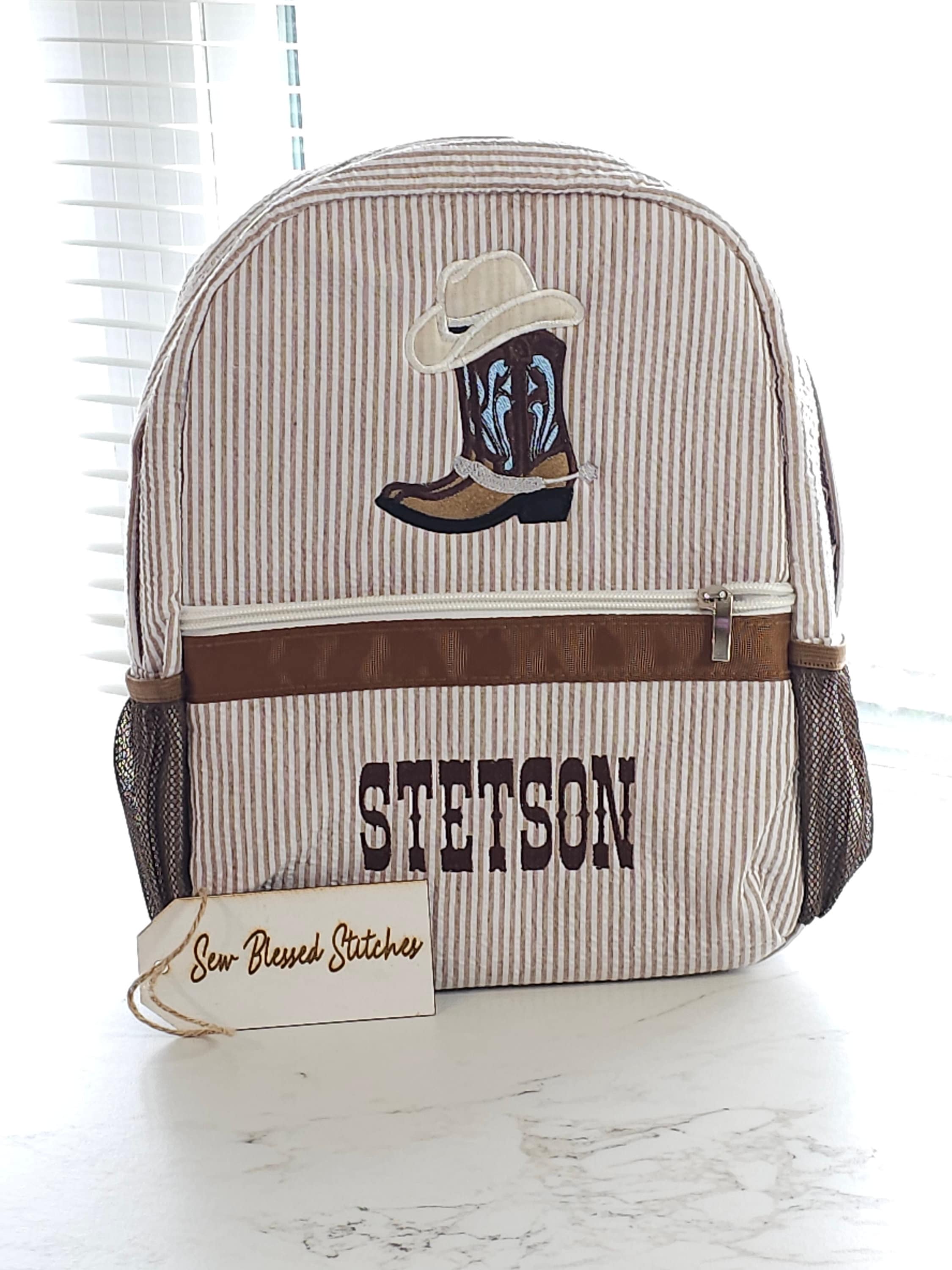 Monogram seersucker backpack, brown cowboy seersucker backpack, boy birthday gift, diaper bag, baby shower gift
