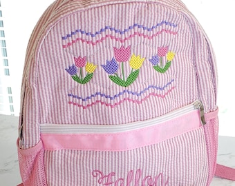 Personalized Seersucker Backpack: Embroidered Girl's Diaper Bag