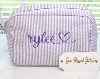 Personalized Seersucker Cosmetic Bag: Monogrammed Travel Toiletry Pouch