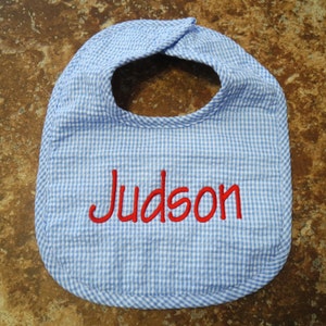 Personalized baby bib / personalized blue seersucker Boy baby bib with name / personalized baby shower gift image 2