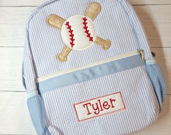 Personalized Seersucker Backpack: Baseball Diaper Bag, Boy Birthday Gift