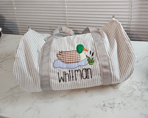 Personalized Seersucker Duffel Bag: Applique Duck, Kid Overnight Bag