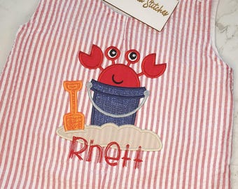 Personalized Applique Seersucker Jonjon: Beach Crab Design
