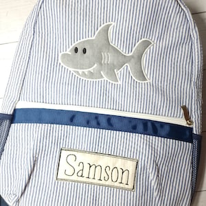 Seersucker backpack, applique shark backpack with name, personalized backpack, boy birthday gift