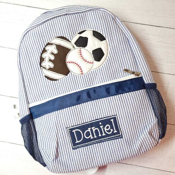 Sports seersucker backpack, boy backpack with applique, personalized boy backpack, boy birthday gift, boy diaper bag