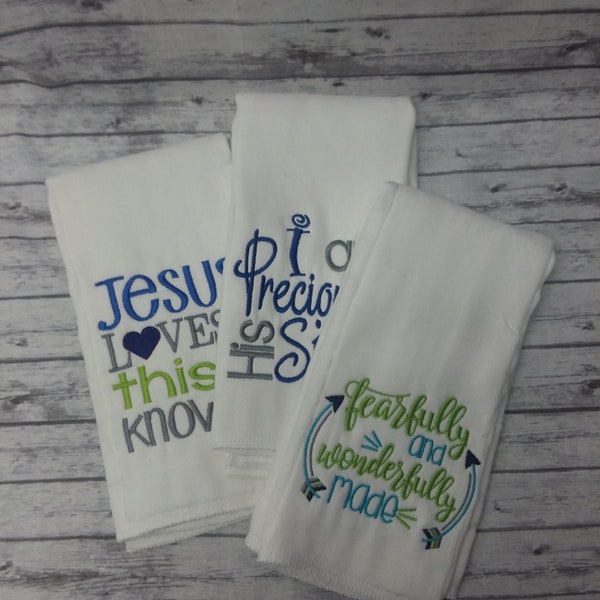 Burp cloth set, Jesus loves me burp cloth set,fearfully and wonderfully made,I am precious in his sight/baby shower gift, boy burp set