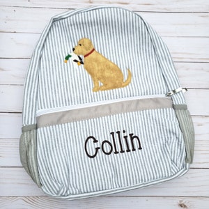 Personalized Seersucker Backpack: Dog Applique Diaper Bag