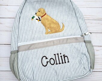 Personalized Seersucker Backpack: Dog Applique Diaper Bag