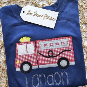 Personalized Firetruck Applique Shirt - Navy Blue Boy's Tee image 1