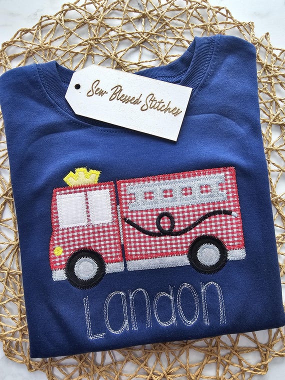 Personalized Firetruck Applique Shirt - Navy Blue Boy's Tee