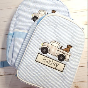 Personalized seersucker backpack, seersucker lunch box, truck applique backpack, boy birthday gift, boy diaper bag