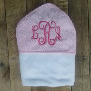 Seersucker hooded towel with name or monogram / girl baby shower gift / Personalized pink seersucker hooded towel image 1