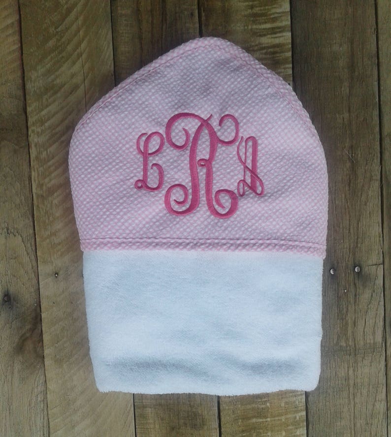 Seersucker hooded towel with name or monogram / girl baby shower gift / Personalized pink seersucker hooded towel image 1