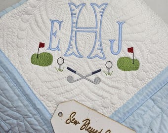 Monogram Baby Quilt, Golf Design, Personalized Baby Shower Gift
