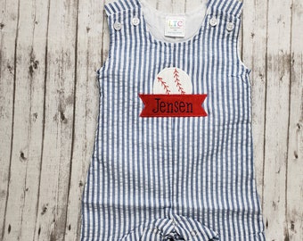 Applique  seersucker Jonjon,  personalized baseball applique seersucker jonjon romper, boy seersucker Jonjon romper with name