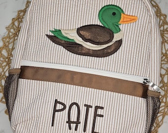 Seersucker backpack, personalized duck applique, diaper bag, baby shower gift