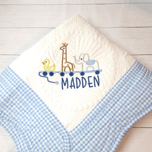 Baby boy blue gingham personalized keepsake heirloom quilt, baby shower gift