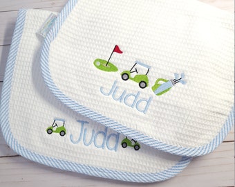 Burp cloth set, personalized burp cloth set, golf theme burp cloth set with name, boy baby shower gift