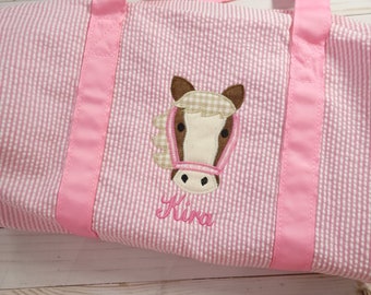 Seersucker duffel bag, personalized seersucker duffel bag, horse applique duffel bag, child overnight bag