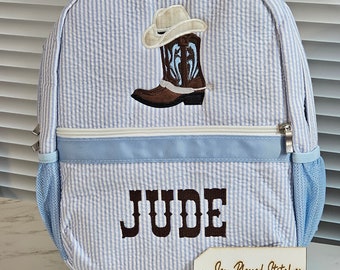 Mochila de seersucker personalizada: aplique de bota de vaquero, regalo para niño