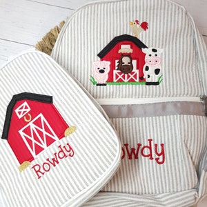 Seersucker backpack, barn applique backpack, personalized backpack and lunch box, diaper bag, boy birthday gift, boy baby gift