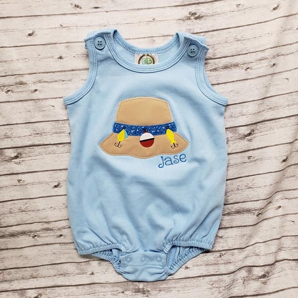 Applique bubble romper,  personalized boy bubble, fishing hat applique bubble romper,