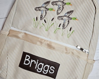 Personalized Boy Seersucker Backpack: Flying Duck Design