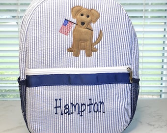 Personalized Applique Seersucker Backpack: Boy's Diaper Bag, Birthday Gift