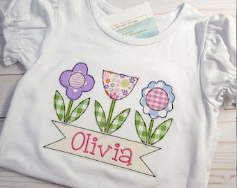 Personalized applique shirt, girl applique shirt with name, flower applique shirt, girl birthday gift