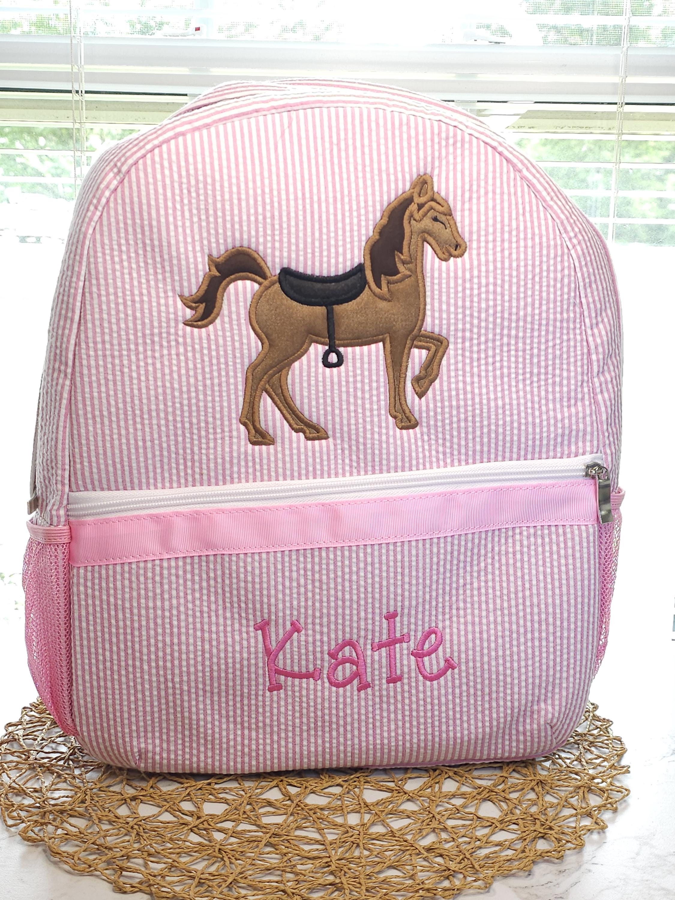 big pony seersucker mini backpack Personalized Pink Seersucker Horse Backpack: Girl's School Bag