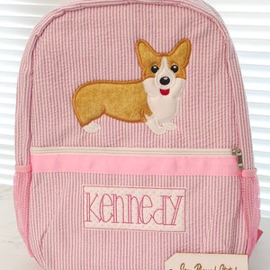 Monogram seersucker backpack, dog applique backpack, corgi backpack, back to school backpack, diaper bag, baby shower gift,