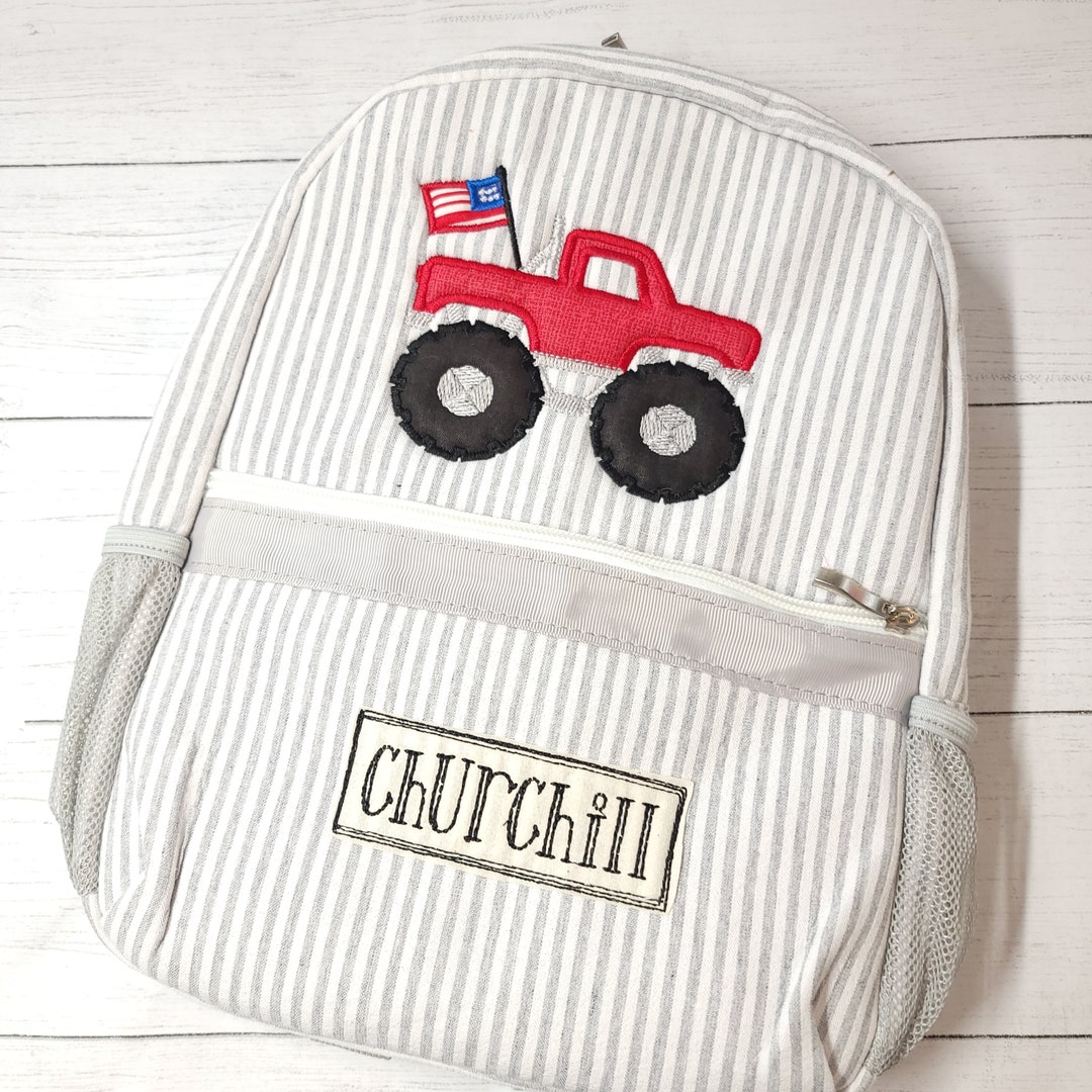 Boy Seersucker Backpack, Monster Truck Backpack, Personalized, Toddler Boy Backpack, Boy