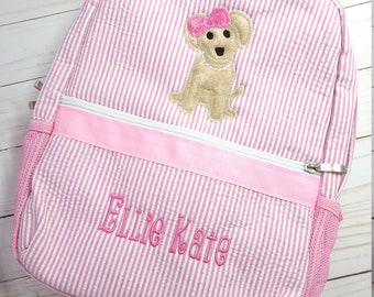 Pink seersucker backpack, applique seersucker backpack, personalized backpack, girl birthday gift, girl diaper bag, girl baby gift