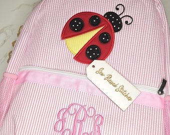 Personalized seersucker backpack, pink ladybug, girl diaper bag