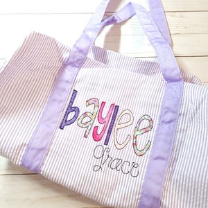 Personalized Seersucker Duffel Bag: Applique Name, Girl Birthday Gift