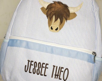 Personalized seersucker backpack, highland cow applique, boy diaper bag backpack