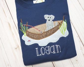 Boy applique shirt / personalized dog fishing applique shirt with name